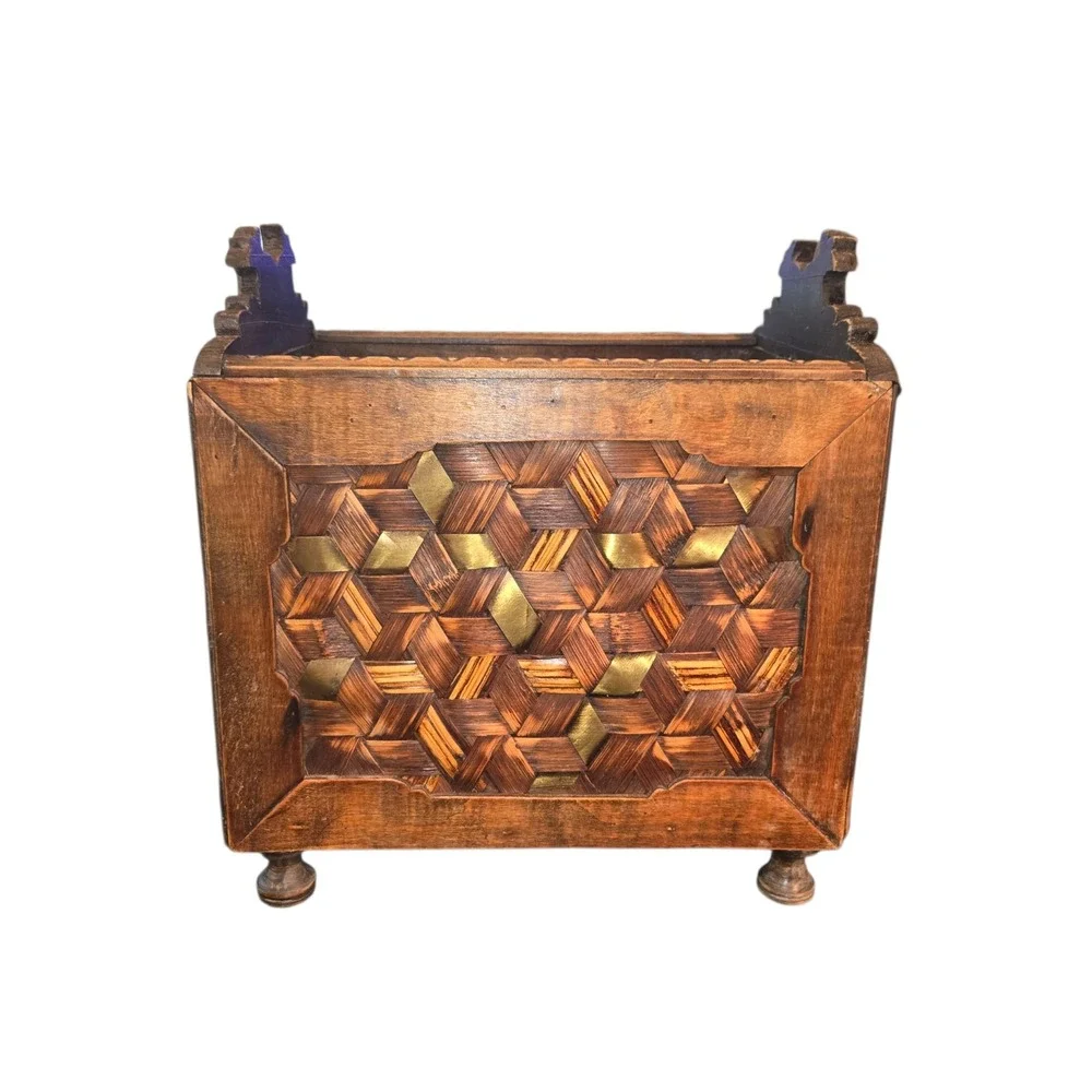Vintage Brown Wood Magazine Rack Pineapple Carved Basket Weave Brass 14x13x9